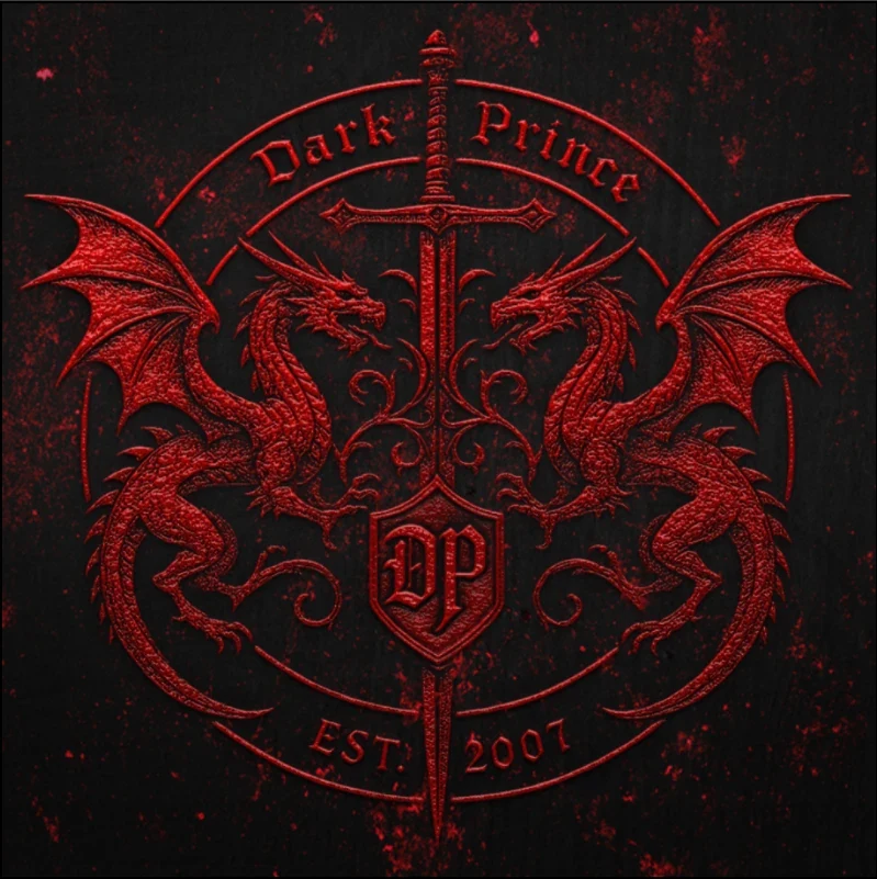 Wappen des Dark Prince: zwei rote Drachen um ein Schwert, Schild mit DP, Est. 2007